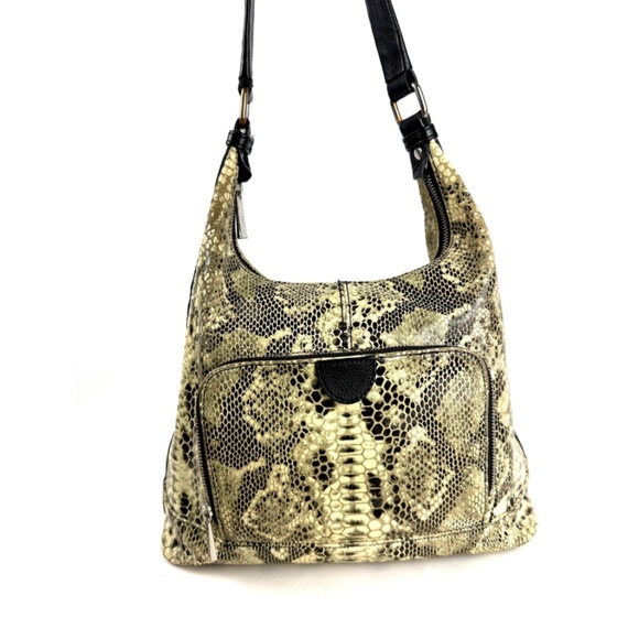 Vintage ‘Danier Leather’ Beige & Black Leather Snake Print Hobo Shoulder Handbag - Picture 1 of 10